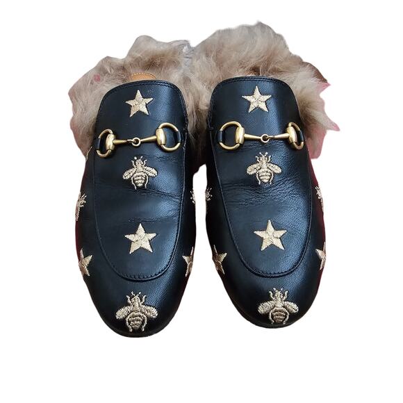 Gucci Princetown Horsebit Bee Mule Flat Fur Lined Size 36 US 6 Black Leather - Picture 2 of 8